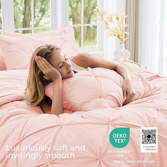 Sasttie Full Size Comforter Set, 7-Piece Bed in a Bag, Pintuck Bedding Set for All Season, Includes Comforter, Flat Sheet, Fitted Sheet, Pillowcases and Pillowshams, Blush Pink