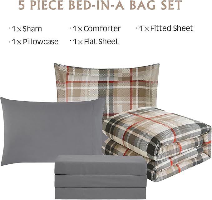 MaiRêve Twin XL Comforter Set, Plaid Design Comforter Set 5 Pieces,Twin XL Comforter for Dorm Farmhouse All Season Lightweight &Comfy with Fitted Sheet, Flat Sheet (Khaki, 66"x90")