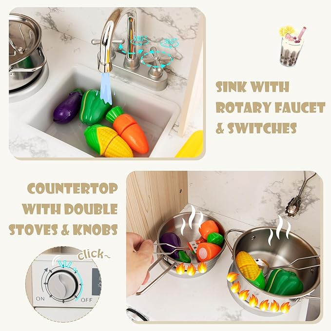 KOTEK Play Kitchen with Lights and Sounds, Wooden Toddler Kitchen Playset w/Ice Maker, Coffee Maker, 19 Accessories & Microwave, Chef Pretend Play Toy Kitchen Set for Kids Girls & Boys Ages 3+(White)