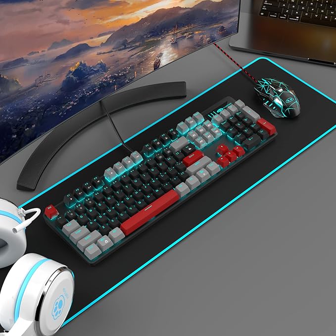 MageGee Mechanical Gaming Keyboard, 104 Keys Blue Backlit Keyboards with Red Switches Double-Shot Keycaps, USB Wired Mechanical Computer Keyboard for Laptop, Desktop, PC Gamers(Gray & Black)