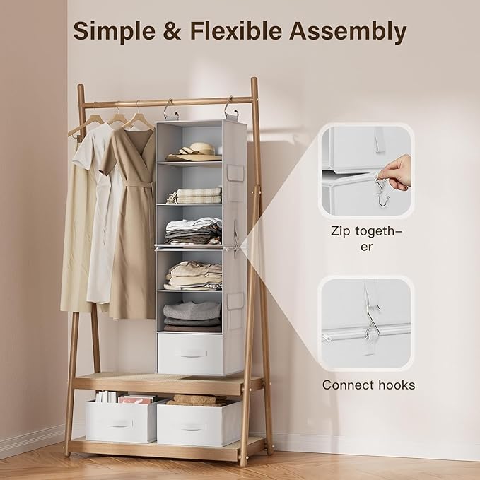 Pipishell 6-Shelf Hanging Closet Organizer with 2 Separable 3-Tier Shelves, 3 Drawers & Side Pockets Closet Organizers and Storage for Wardrobe Organization and Nursery Clothes Organizer, White