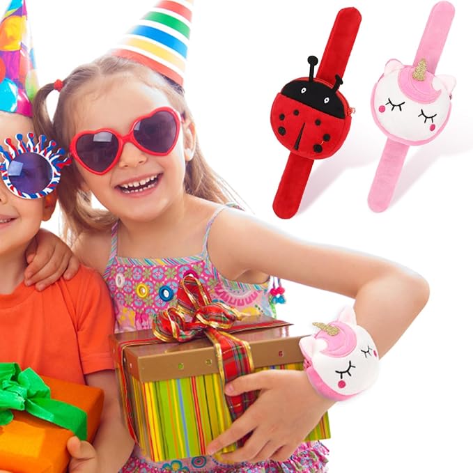 Abaodam 2Pcs Animal Slap Bracelet Coin Purse Ladybug Unicorn Slap Bracelet Plush Stuffed Animal Hugger Snap Wristband Wallet for Kids Birthday Party Plush Slap Bracelet