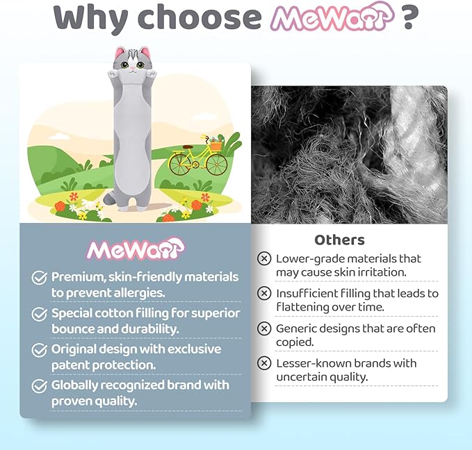 Mewaii Artist-Designed Ultra Soft Long Cat Plush Body Pillow, Extra Stuffing for Comfort, Premium Quality Stuffed Animal Gift for Girlfriend or Cat Lovers (Grey Body Pillow 44 Inch)