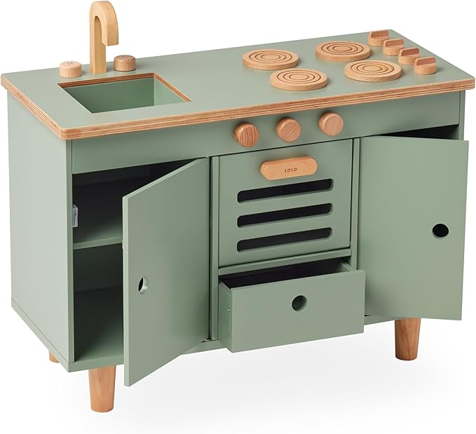 Lalo The Play Kitchen - Tool-Free Assembly, Toddler Kitchen Playset with Interactive Knobs & Doors, Safe for Kids 3+, Promotes Open-Ended Play, Wooden Play Kitchen, Made from Birch Wood - Sage