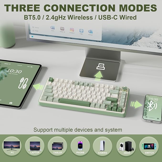YUNZII B75 PRO Wireless Mechanical Keyboard,75% Layout with Knob,Hot Swap Gasket Structure,Creamy Pre-lubed Switches,RGB Backlit,Bluetooth/Type-C/2.4G for Win/Mac (Matcha Green, Cocoa Cream V2 Switch)
