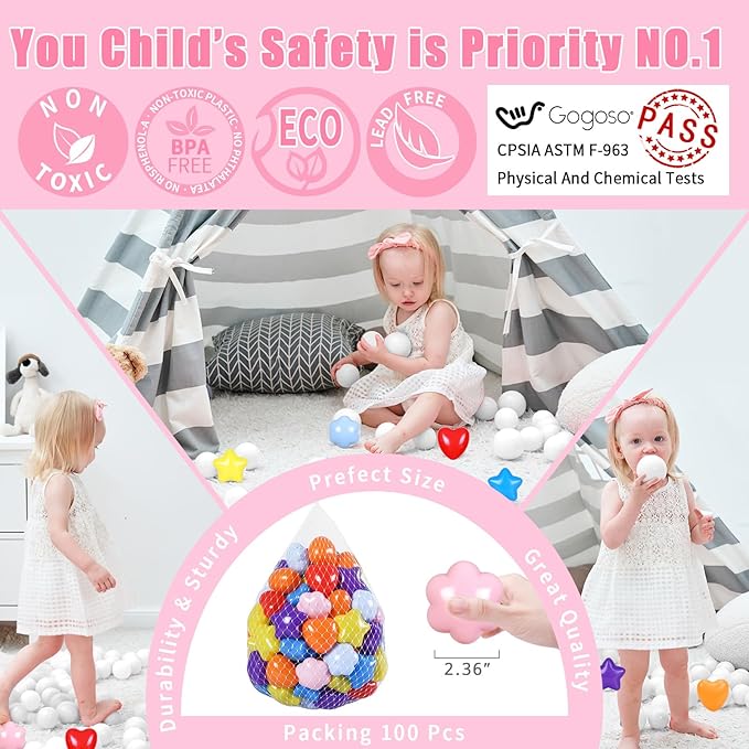 GOGOSO Ball Pits Balls for Toddlers, 100 Stars Hearts Florid Shapes Ball, Flowers Plastics Balls for Bounce House, Pastel Ball for Kids Birthday Party Xmas Friendship Bracelet Banner Decor
