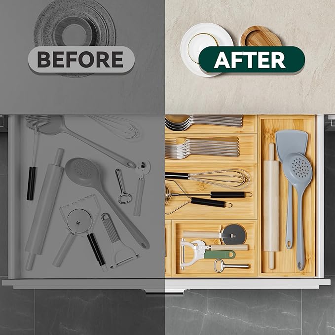 Lixple Bamboo Drawer Organizer, Narrow Stackable Cutlery Tray for Kitchen, 2 Pcs Silverware & Utensil Box, 12" x 3" x 2" (Outer), 11.3" x 2.3" x 1.77" (Inner)