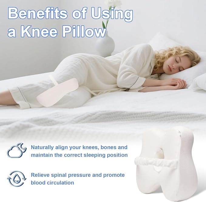 Memory Foam Knee Pillow for Side Sleeping,Leg Pillow with Elastic Band for Sciatica, Hip & Back Pain Relief,Between Leg Pillow for Side Sleepers, Removable Breathable Cover,White