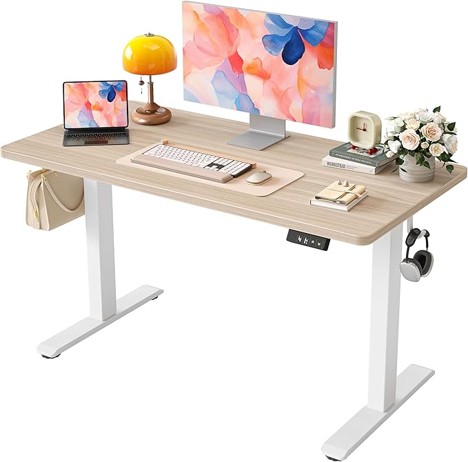 TIQLAB Electric Standing Desk, 47 * 24 Inches Adjustable Height Stand up Desk,Sit Stand Home Office Table with Splice Board, Light Walnut