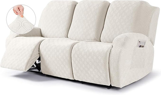 VANSOFY Recliner Cover, 3-Pieces Stretch Reclining Couch Covers with Pockets Reclining Sofa Slipcovers 3 Seater Soft Washable Furniture Protector for Dogs Cats(Off White)