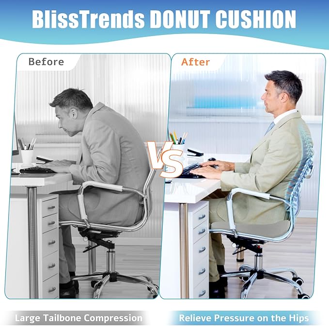 BlissTrends Donut Pillow Seat Cushion,Donut Chair Cushions for Postpartum Pregnancy & Hemorrhoids,Tailbone Pain Relief Cushion,Memory Foam Lifting Cushions for Office&Home Chairs (Light Grey)