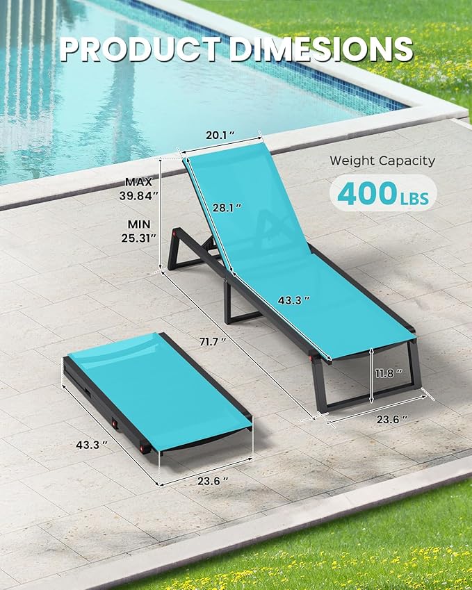 Aluminum Chaise Lounge Chair Outdoor, Foldable & Assembly Free Patio Pool Lounge Chairs 5-Position Recliner for Outside Poolside, Fully Grounded Legs Sun Lounger for Beach, Yard, Lake Blue