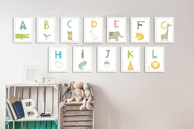 English Alphabet Wall Cards Art Flash Cards- Set of 26 White (5" x 7") Animal Alphabet Cards for Nursery Decor, Gifts, Kids Room, Classroom, by Kindred Sol Collective