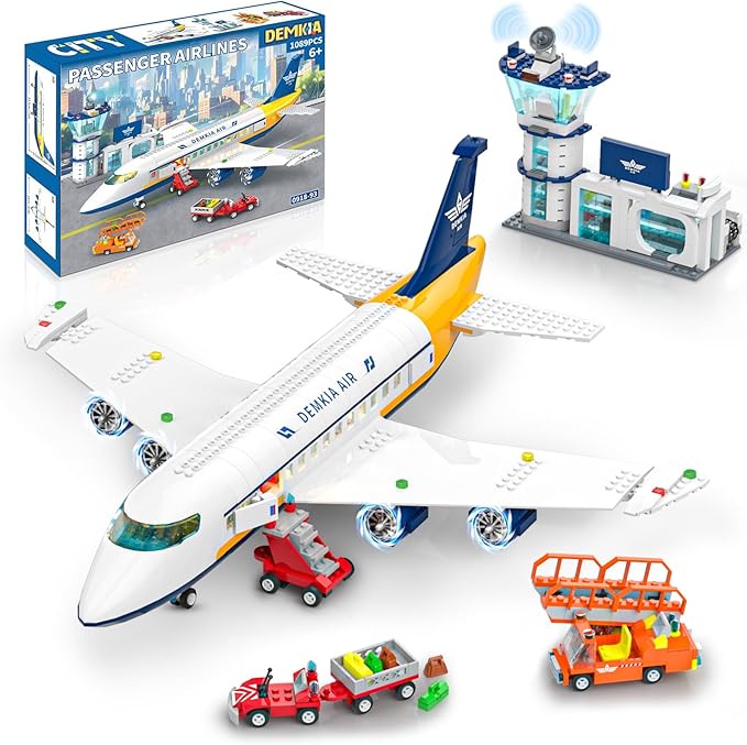 Large City Passenger Airplane Building Set with LED Light, 1089 PCS Toy Plane Building Blocks with Airport Terminal, Luggage Cart, Belt Loader Model Plane Toys Gift for Boys Girls Kids 6-12+