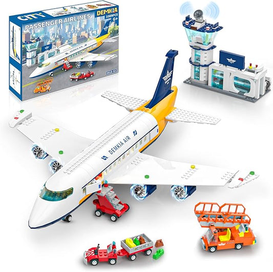 Large City Passenger Airplane Building Set with LED Light, 1089 PCS Toy Plane Building Blocks with Airport Terminal, Luggage Cart, Belt Loader Model Plane Toys Gift for Boys Girls Kids 6-12+