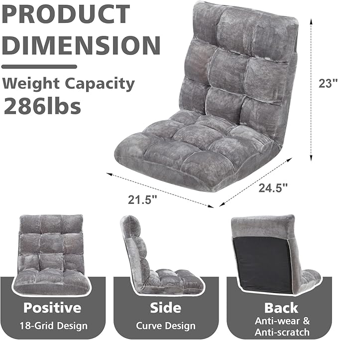 Folding Floor Chair 14-Position Cushioned Adjustable Floor Lazy Sofa Chair w/Breathable Cotton & Skin-Friendly Flannel for Adults & Kids Ideal for Reading Meditating, Grey