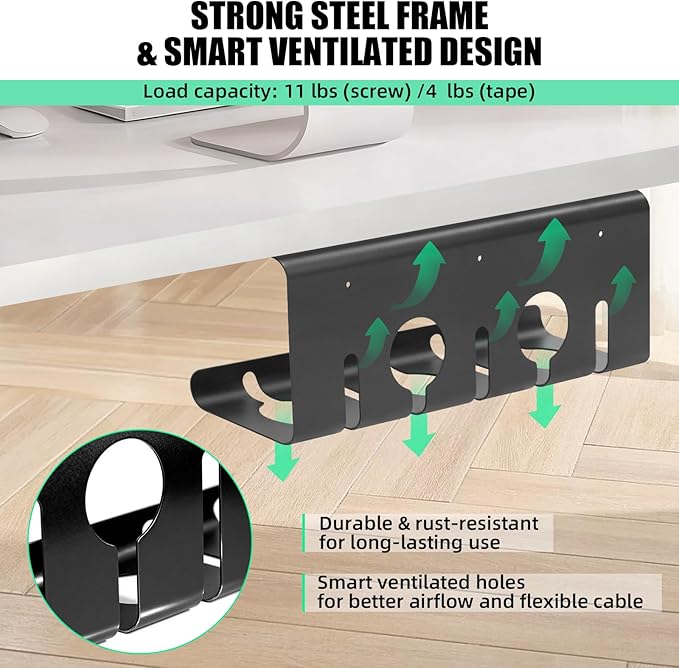 2 Pack Under Desk Cable Management Tray, 16.5" L x 4.7" W x 6.8" H, Wire Organizer for Power Strip, Tape Mount or Screw Mount, Easy Install Cord Raceway for Desk & Home