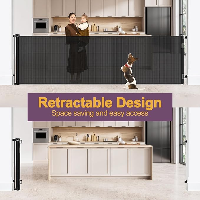 42" Tall X 130" Extra Wide Retractable Baby Gates for Large Openings Extra Tall Dog Gates for Doorways Extra Tall Pet Gate Indoor Outdoor Long Baby Gate Retractable Child Gate Tall Mesh Gate, Black