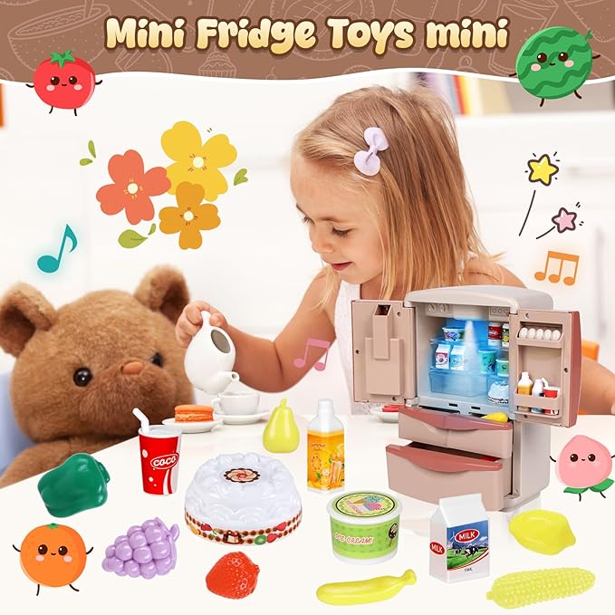 Coherny Play Kitchen Toys Fridge Refrigerator with Ice Dispenser,Mini Dollhouse Furniture Fridge Kids Kitchen Playset with Mini Play Food,Toddler Kitchen Playset Accessories for Boys Girls