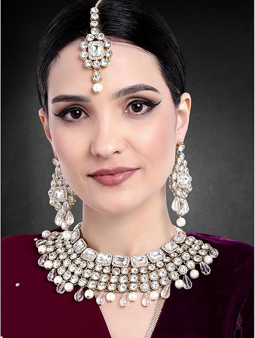 Aheli Kundan and Simulated Colored Stones Indian Ethnic Maang Tikka Necklace and Earrings Set Bollywood Festive Statement Jewelry Gift for Women