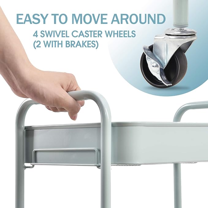 TOOLF 3-Tier Metal Rolling Cart with Wheels, Storage Utility Organizer Cart for Kitchen, Bathroom, Office, Baby Essentials & Makeup - Lockable Casters, Easy Assembly, Large Capacity, Green