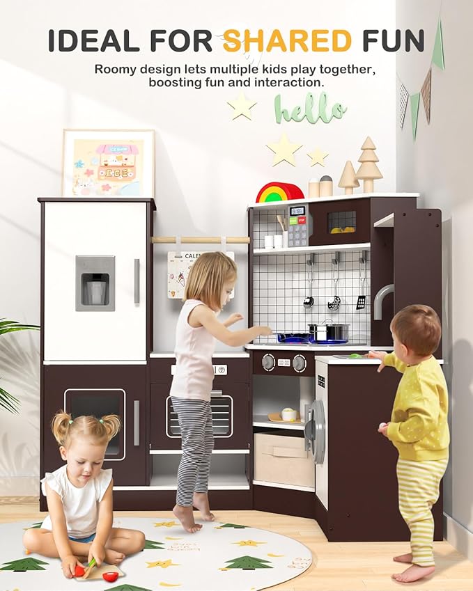 Babytronic Corner Wooden Play Kitchen Set for Kids w/Lights & Sounds, Pretend Play Kitchen Playset with Stove, Microwave, Ice Maker & Accessories, Perfect for Toddlers & Multiple Children (Coffee)