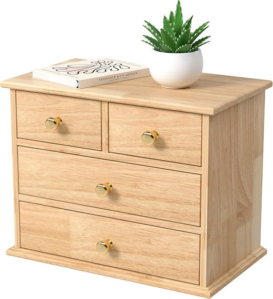 Oak Desk Organizer with Drawers, Durable Wooden Desktop Storage Box with Metal Handles & Non-Slip Silicone Pads, 4 Drawer Tabletop Organizer for Office, Bedroom, Bathroom, Vanity, Makeup – Natural Oak