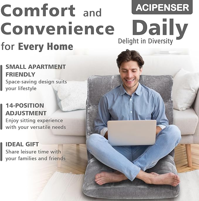 Folding Floor Chair 14-Position Cushioned Adjustable Floor Lazy Sofa Chair w/Breathable Cotton & Skin-Friendly Flannel for Adults & Kids Ideal for Reading Meditating, Grey