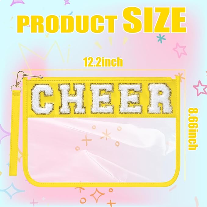 BuyCard Cheer Chenille Letter Bags Clear Makeup Bag, Cheerleader Gifts Cosmetic Bag, Varsity Preppy Patch Flat Pouch Cheer Accessories, Waterproof PVC Organizer Toiletry Bag for Women Girls Yellow