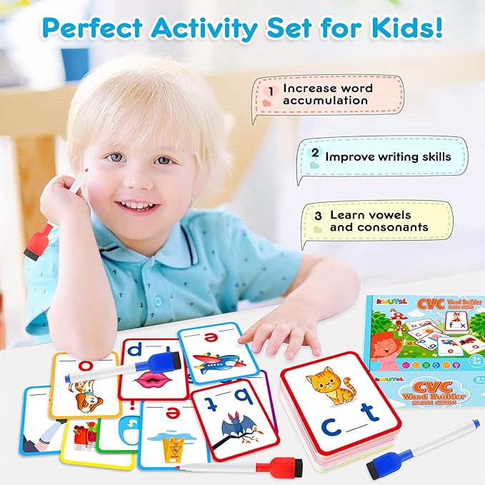 KMUYSL Learning Toys for 2 3 4 5 Years Olds Boys Girls, Short Vowel Spelling Flashcards, CVC Sight Words Handwriting Cards, Learn to Write Phonics Flash Cards, Presschool Educational Toy for Kids