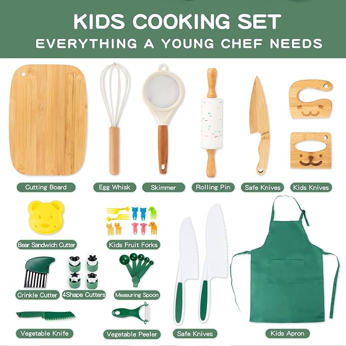 20 PCS Kids Safe Knife Set for Real Cooking, Montessori Kitchen Tools for Toddlers, Cooking & Baking Set for Kids Little Chefs, Kids Kitchen Knife Set, Crinkle Cutter, Kids Apron for Girls Boys