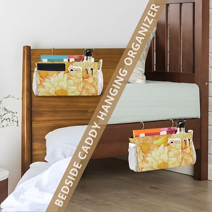 Bright Yellow Chrysanthemum Flowers and Lemon Bedside Caddy for Dorm Bed Bedside Hanging Caddy Bag Iron Frame Storage Organizer Pocket for Bunk Home College Hospital Beds 2 Hooks
