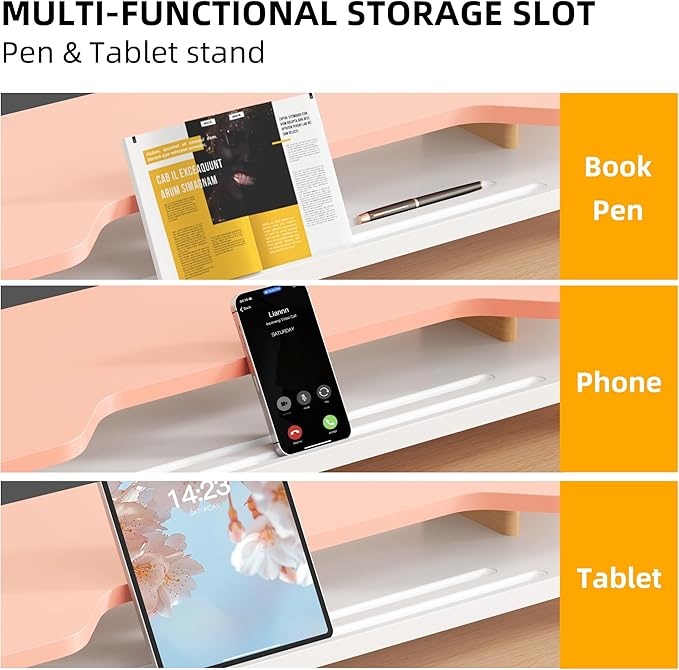 AFOOYO 2 Tier Dual Monitor Stand Riser,Wider Board Computer Monitor Stand for 2 Monitors,Slot For Phone/Tablet Office Desktop Organizer for Laptop,PC,Computer,Printer,Pink