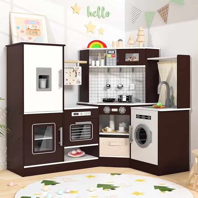 Babytronic Corner Wooden Play Kitchen Set for Kids w/Lights & Sounds, Pretend Play Kitchen Playset with Stove, Microwave, Ice Maker & Accessories, Perfect for Toddlers & Multiple Children (Coffee)
