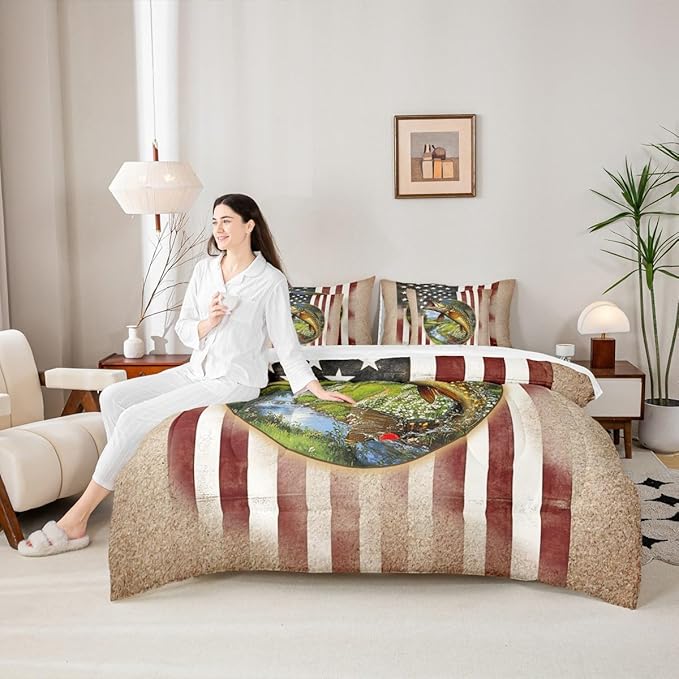 Kids Pike Fish 7 Piece Bedding Set Queen Size Fishing and Hunting Bed in a Bag for Boys Bedroom Decor Bass Big Fish Comforter Set with Sheets,Pillowcases & Pillow Covers Farmhouse Soft