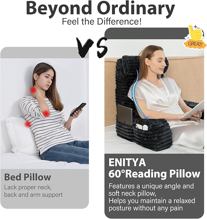 ENITYA 22" XL Ergonomic Bed Pillow for Sitting Up，Backrest Cushion for Reclining,Gaming,Resting,Watching TV,Recovery in Bed, Couch or Floor, Removable Cover, Black