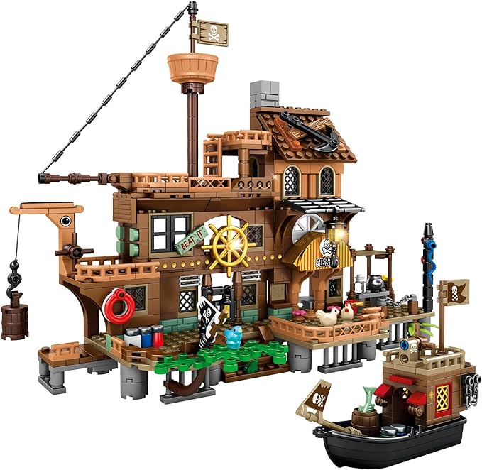 RiceBlock Pirate Ship Building Toys, Pirate Wharf Themed City Store Building Bricks Sets for Boys Age 8-12, 573 Pieces, Ideal for New Year 2024