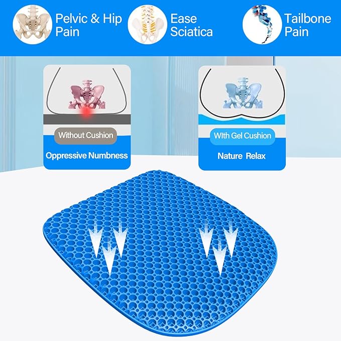 Large Gel Seat Cushion for Long Sitting With Non-Slip Cover,Soft & Breathable,Chair Cushion,Car seat Cushion,Office seat Cushion,Seat Cushion for Desk Chair,Wheelchair Cushion (Blue, Large Size)