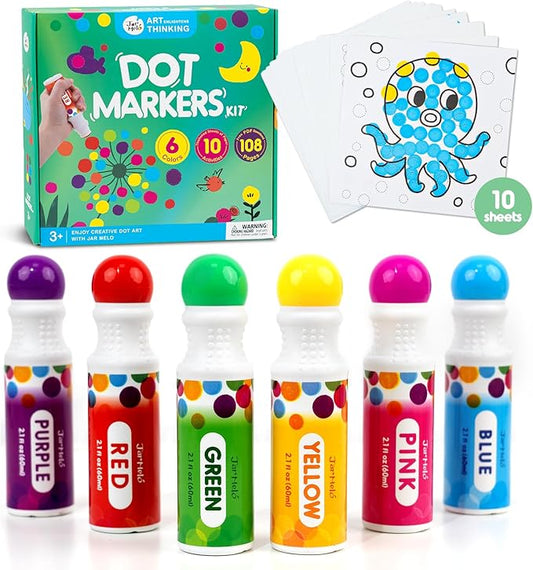 Jar Melo Washable Dot Markers, 6 Colors Dot Paints with 108 PDF & 10 Physical Activity Papers, Non-Toxic Bingo Daubers for Toddlers 1-3 2-4