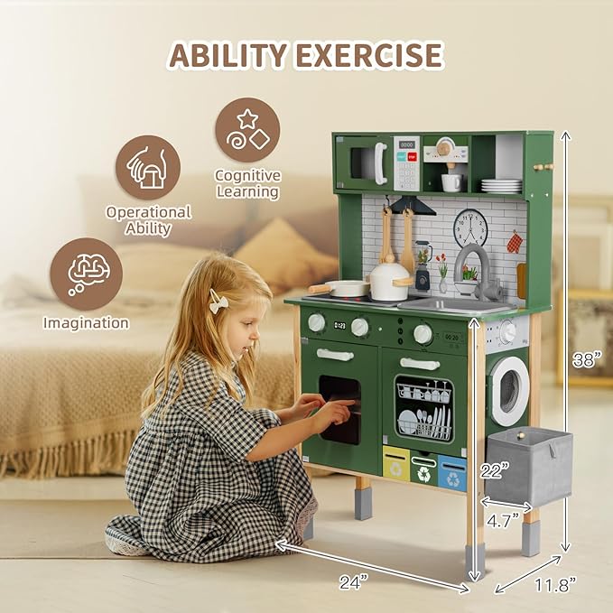 Kids Kitchen Playset for Toddlers 3-5 Years, Wooden Play Kitchen for Toddlers with Coffee Maker, Microwave, Dishwasher and Washing Machine