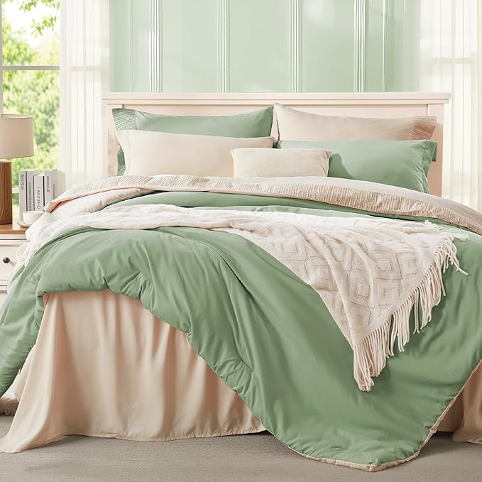 Anluoer Sage and Cream Queen Comforter Set 7 Pieces, Bed in a Bag with Sheets, All Season Bedding Sets with 1 Comforter, 2 Pillow Shams, 2 Pillowcases, 1 Flat Sheet, 1 Fitted Sheet