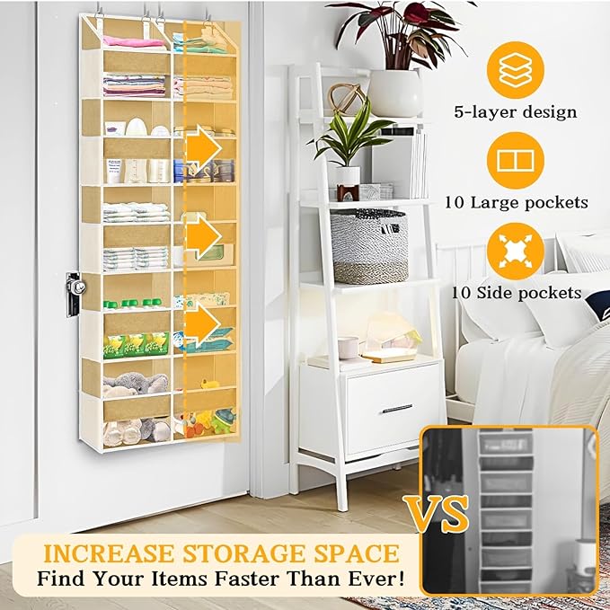 Over the Door Organizer 5 Tiers,Extra Large Behind Door Storage of 10 Compartments,80 lbs Weight Capacity Over the Door Storage, Door Hanging Organizer for Closet, Diaper Organizer (Camel)