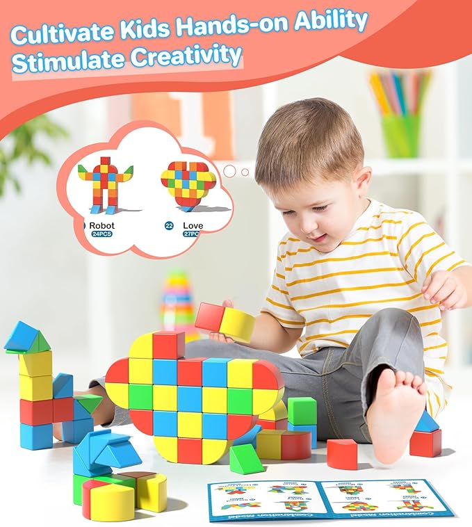 Magnetic Blocks for Toddlers, Kids Building Toys, Creative Stacking Colorful Sensory Block with Magnet, Educational Construction Cubes Set for Boys Girls Children Ages 3 4 5 6 7 8 Year