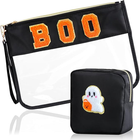 BuyCard 2 Pcs Halloween Gifts Cosmetic Makeup Bag with Boo Chenille Letter Patch, Clear Pouch PVC Organizer Purse, Waterproof Travel Bag, Portable Toiletry Storage Bag for Her Girls Friends Women