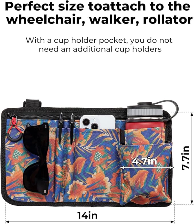 JOYTUTUS Walker Side Bag, Wheelchair Armrest Storage Pouch with Cup Holder, Wheelchair Accessories for Seniors, Walker Bag Cup Holder for Walker, Rollator, Electric Scooter or Wheelchair Orange