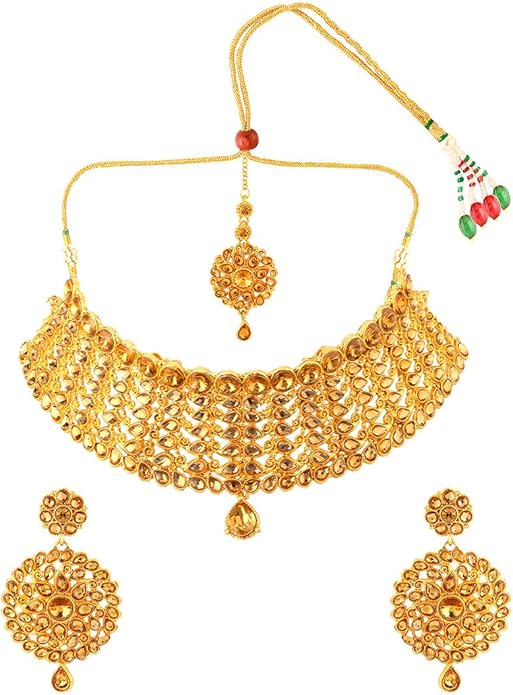 Aheli Elegant Indian Wedding Wear Faux Kundan Studded Choker Necklace with Maang Tikka Set Ethnic Fashion Jewelry for Women (Gold)