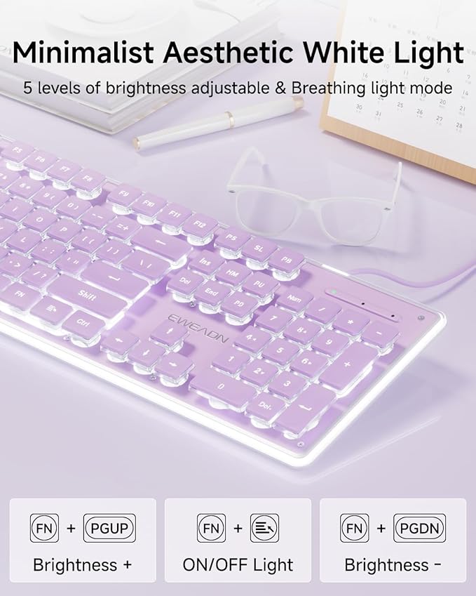 EWEADN GX710S Backlit Computer Keyboards, Wired USB Keyboard with White Backlit, Metal Panel, Plug and Play, Pudding Keycaps Full Size Quite Computer Keyboard for Win/PC/Laptop-Purple