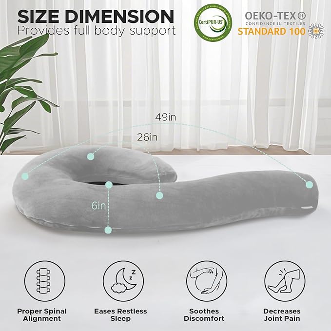 Body Pillow for Adults - Soft Long Bed Pillows Insert for Sleeping - Shredded Memory Foam and Removable Washable Cover - Swan Shaped Side Sleeper Pregnancy Pillow 49 Inch (Grey)