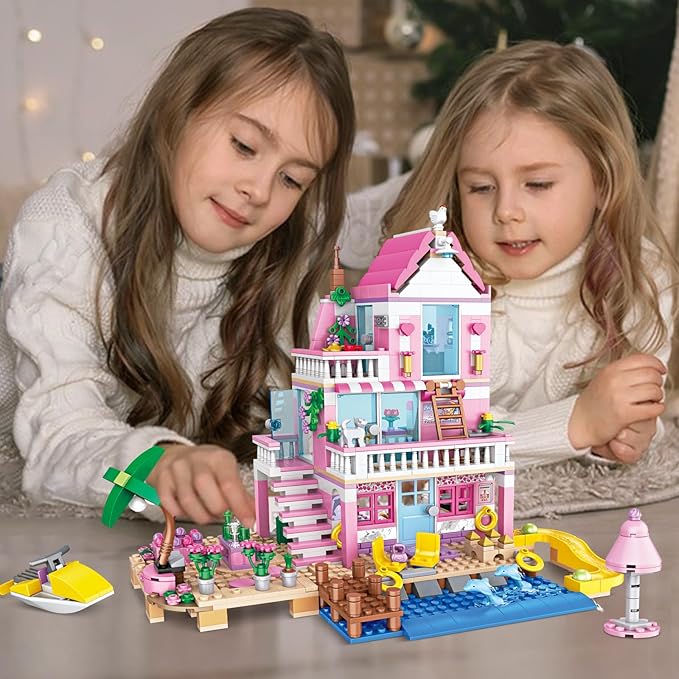 Pink Girls Seaside Beach Villa Friends Building Set Compatible with Lego Friends Construction Educational Toy for Kids Age 8-12 and Up 822 PCS