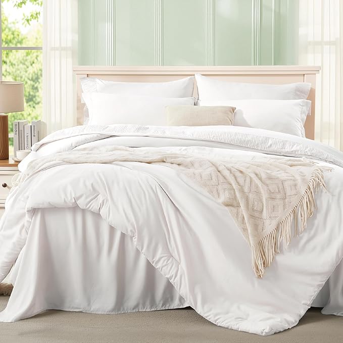 Anluoer White Full Comforter Set 7 Pieces, Bed in a Bag with Sheets, All Season Bedding Sets with 1 Comforter, 2 Pillow Shams, 2 Pillowcases, 1 Flat Sheet, 1 Fitted Sheet